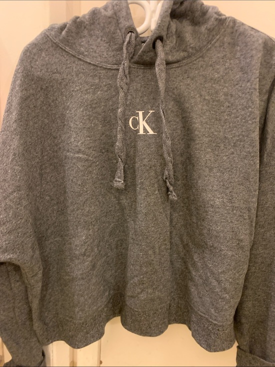Calvin Klein Sweaters - Calvin Klein Women’s Large Cropped Gray cK Logo Hooded Pullover